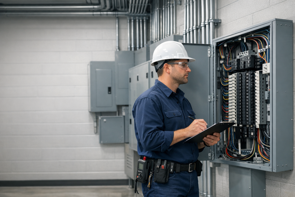 Electrician checking panels for commercial electrical code compliance