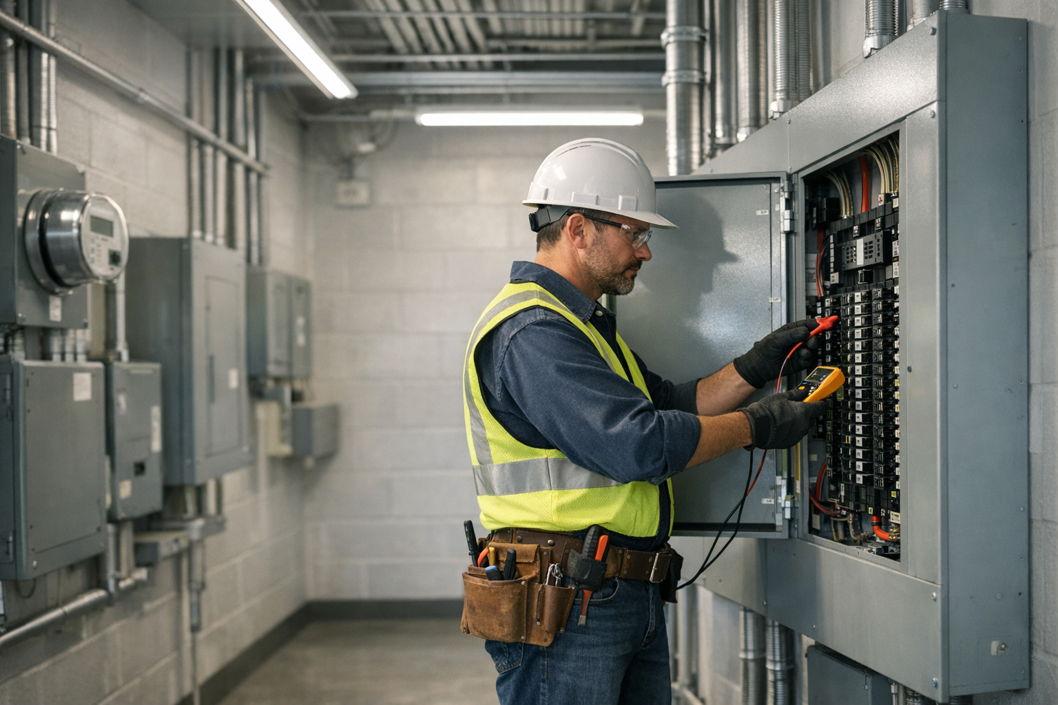 Electrician inspecting commercial electrical upgrades in an efficient building panel