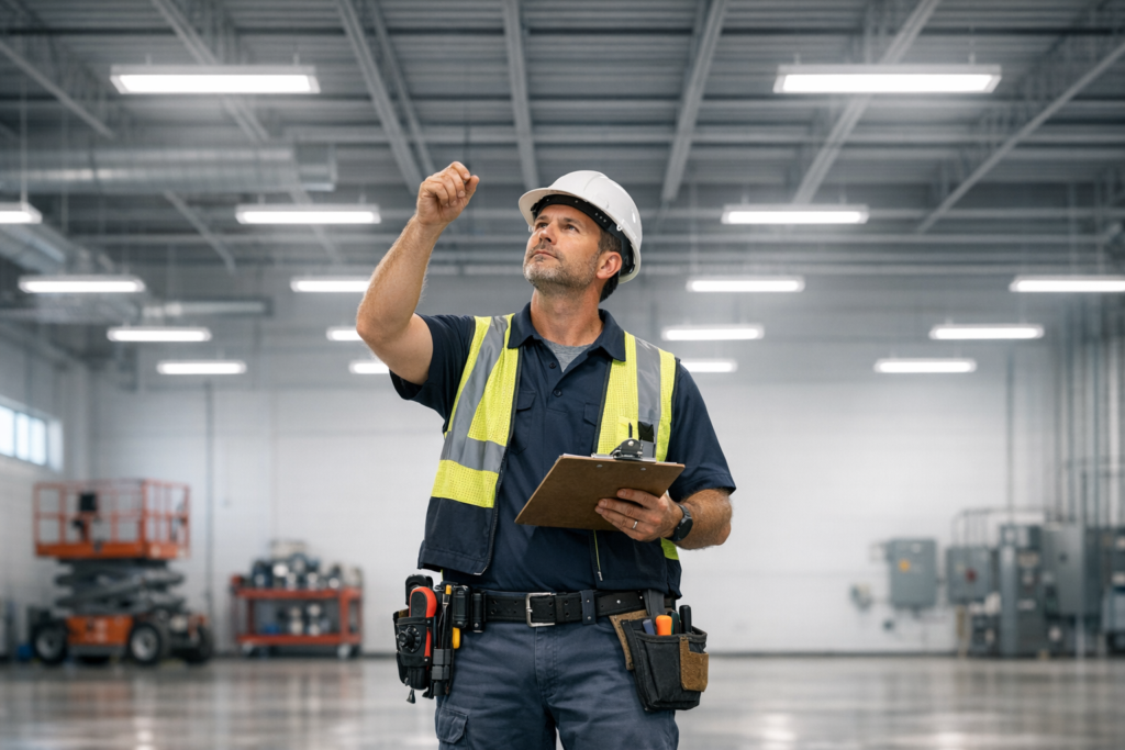 Electrician inspecting commercial LED lighting in a modern warehouse