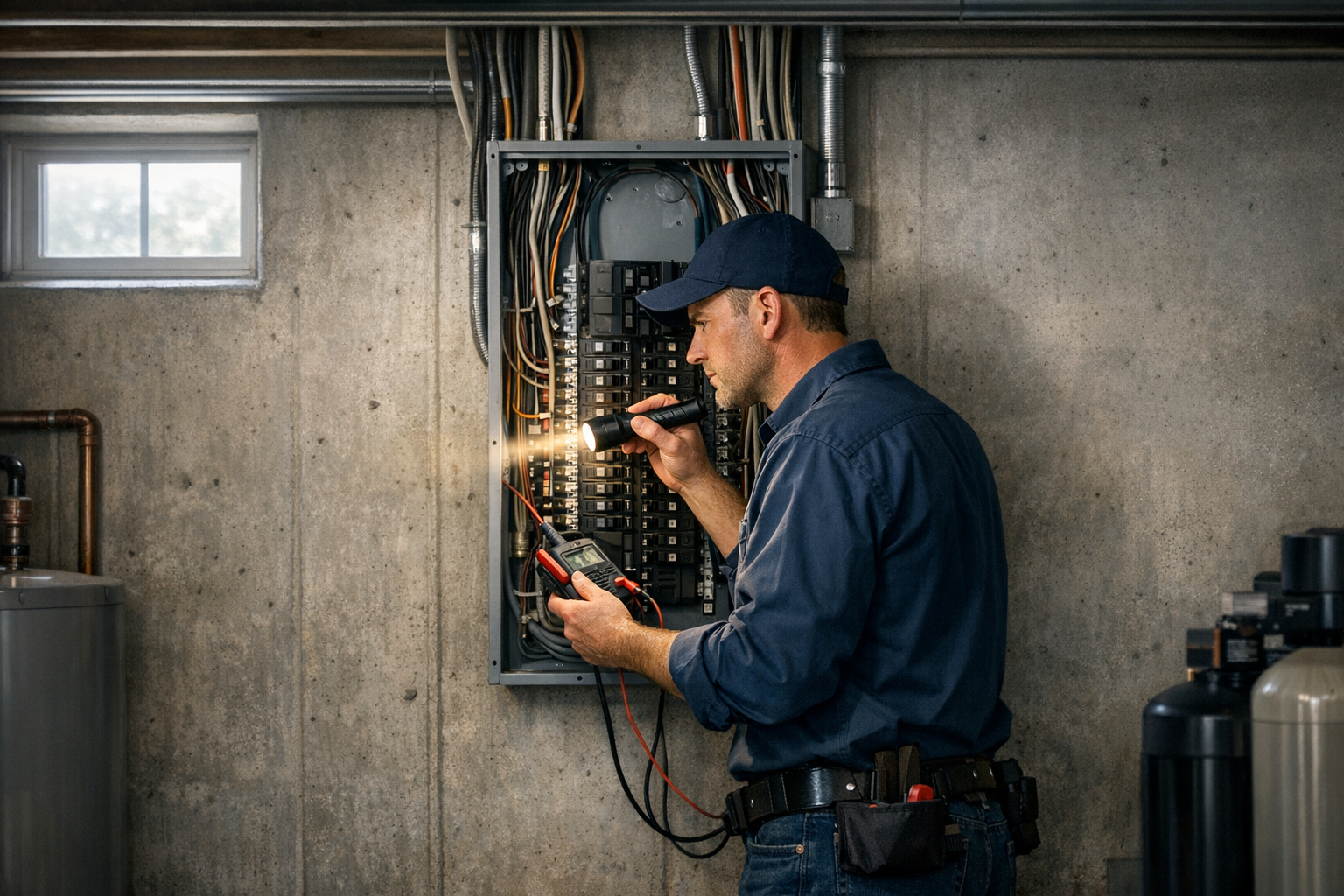 Electrician performing a home electrical inspection at a panel