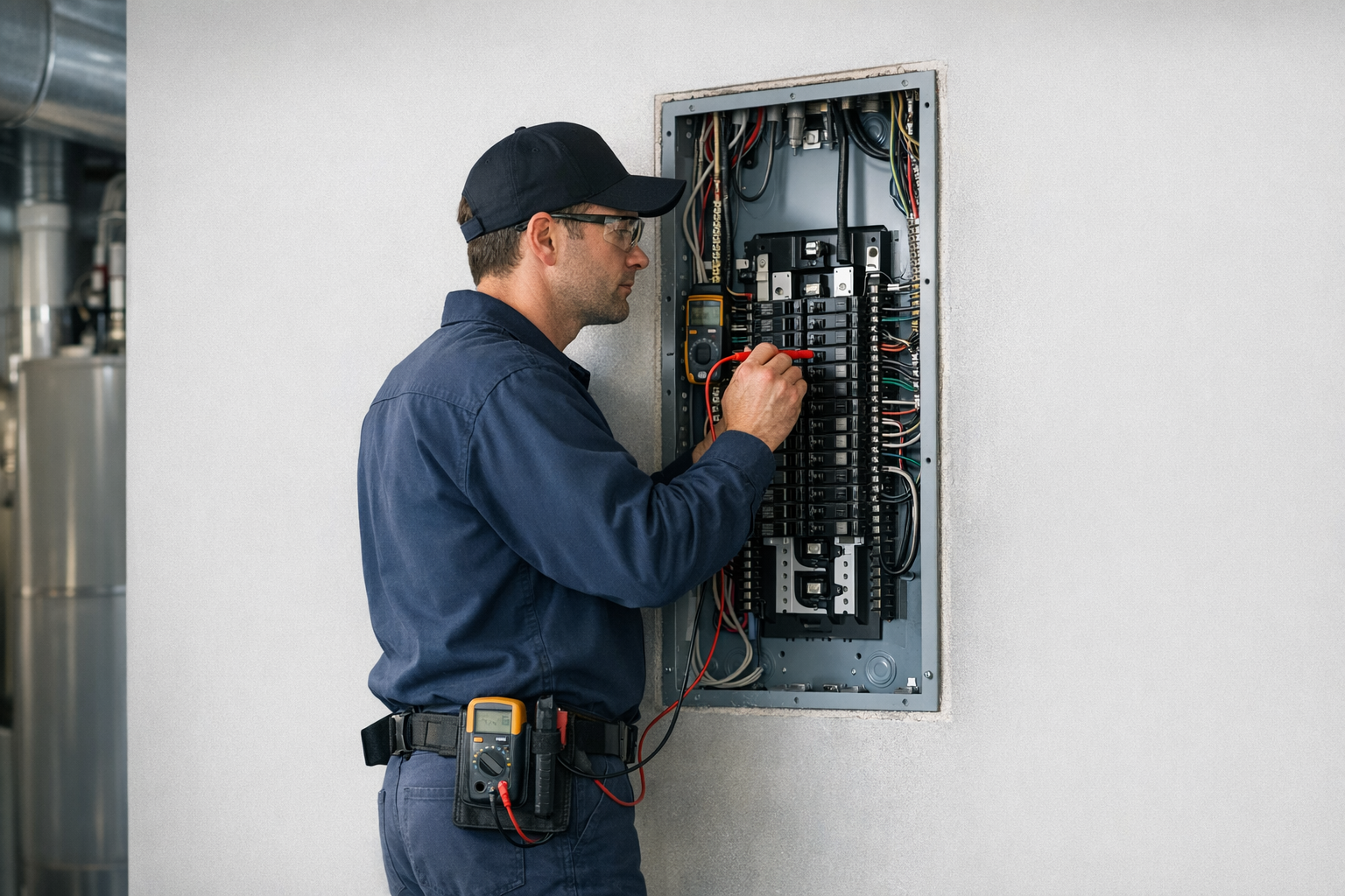 Electrician inspecting panel for electrical repair safety
