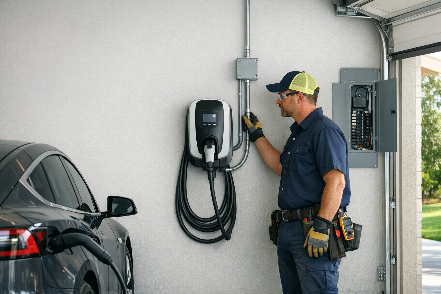 Electrician completing EV charger installation in a residential garage