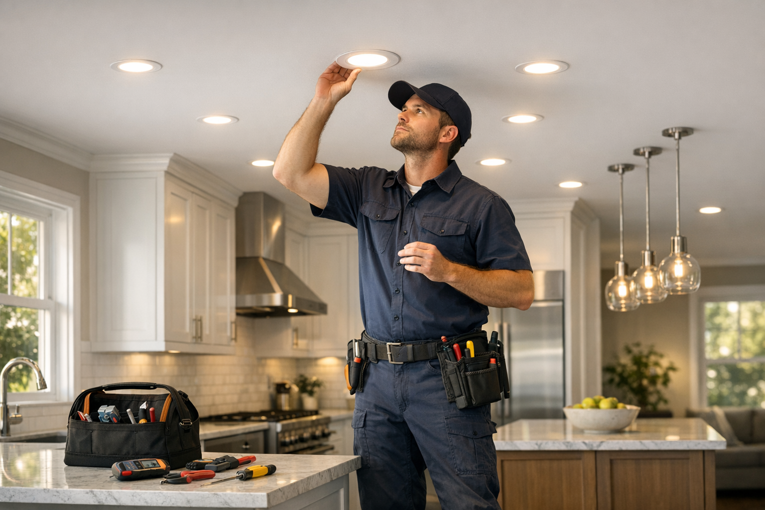 Electrician completing LED lighting installation in a modern home