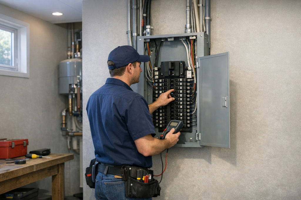 Electrician inspecting panel for 200 amp service upgrade