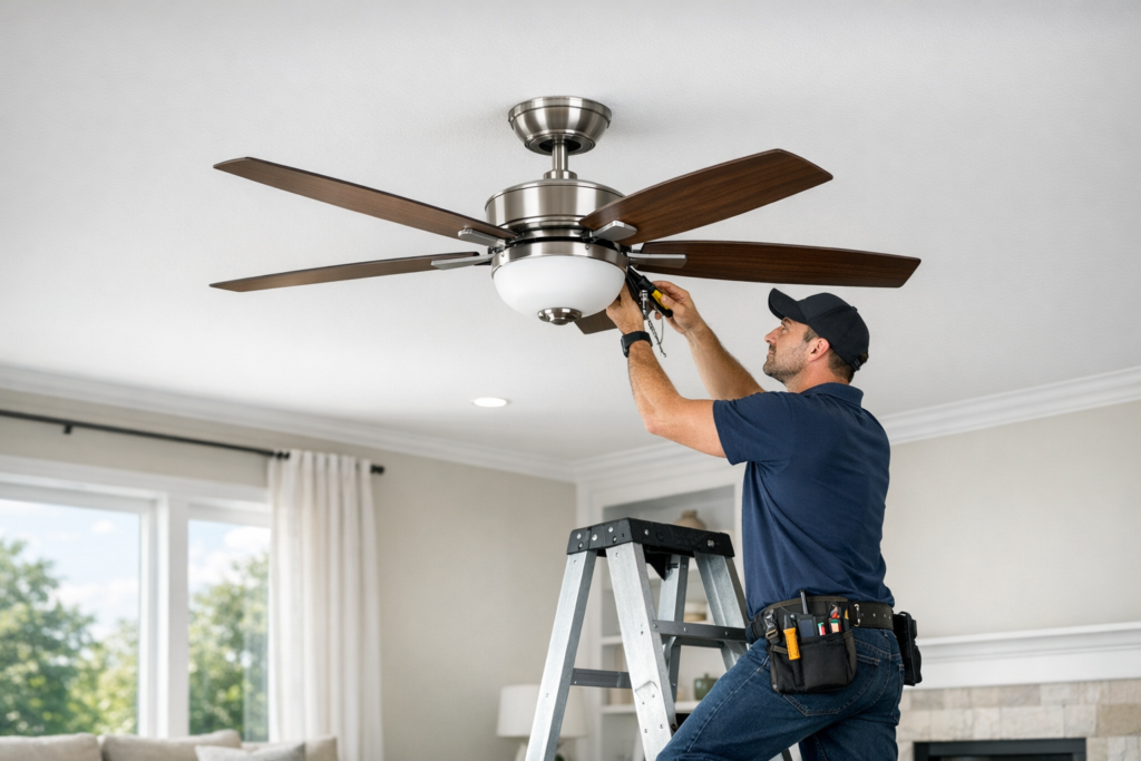 Electrician performing ceiling fan installation in a bright living room