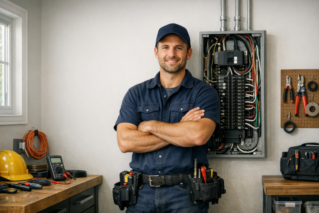 Licensed electrician inspecting a residential electrical panel safely
