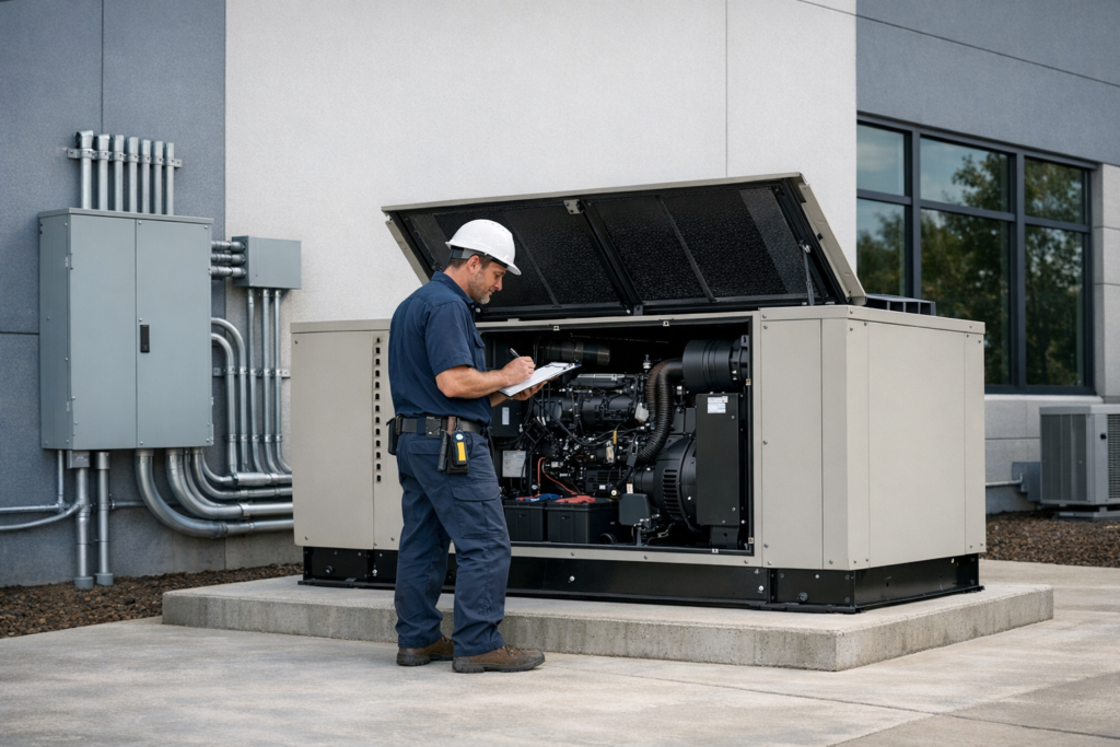 Electrician inspecting a commercial backup generator outside a business