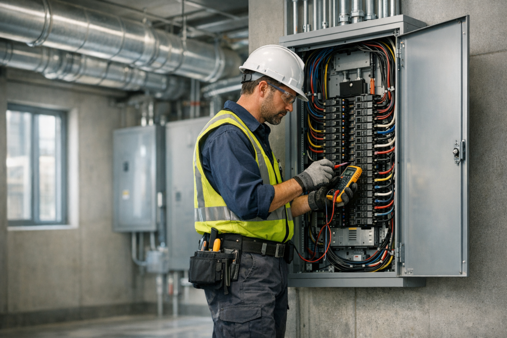 Electrician performing commercial electrical inspection at a breaker panel