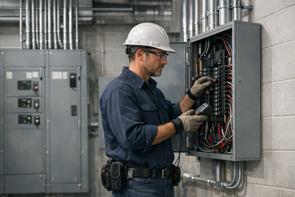Electrician performing commercial electrical maintenance on a facility panel