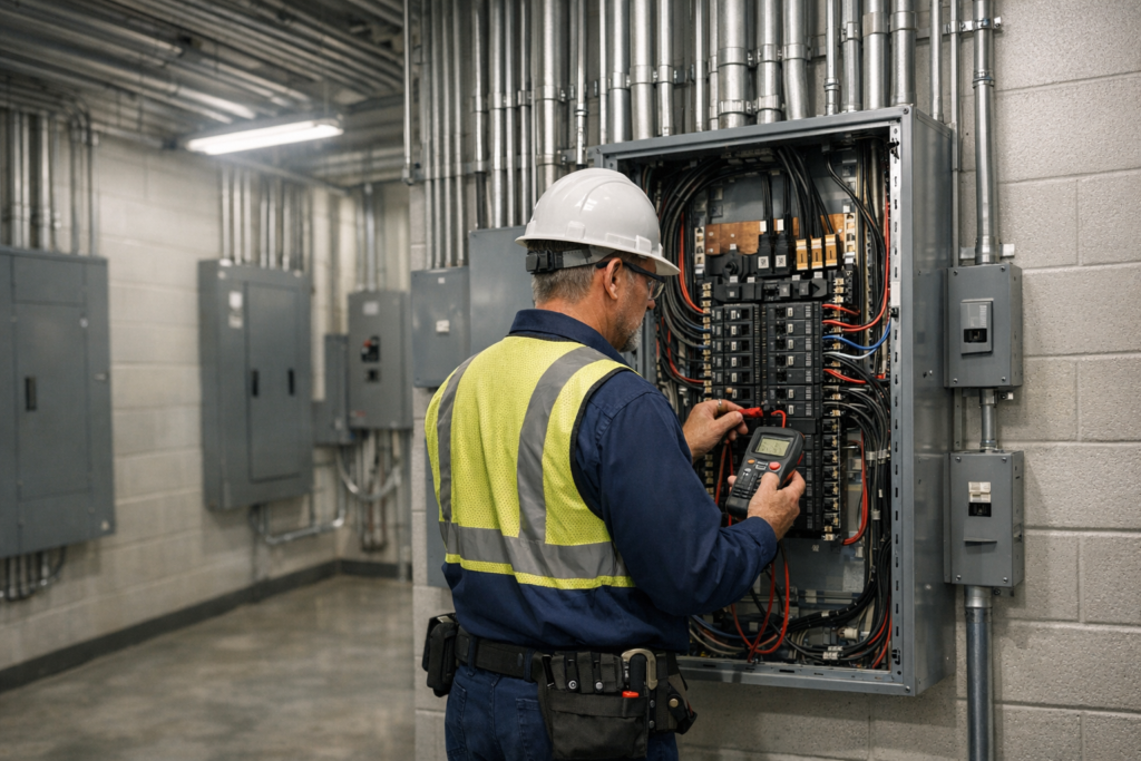 Electrician inspecting commercial electrical problems in an office building panel