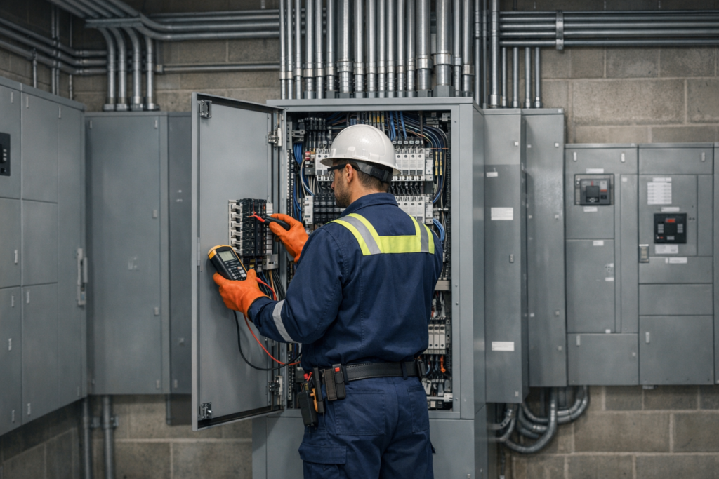 Electrician performing commercial electrical safety inspection in a facility panel
