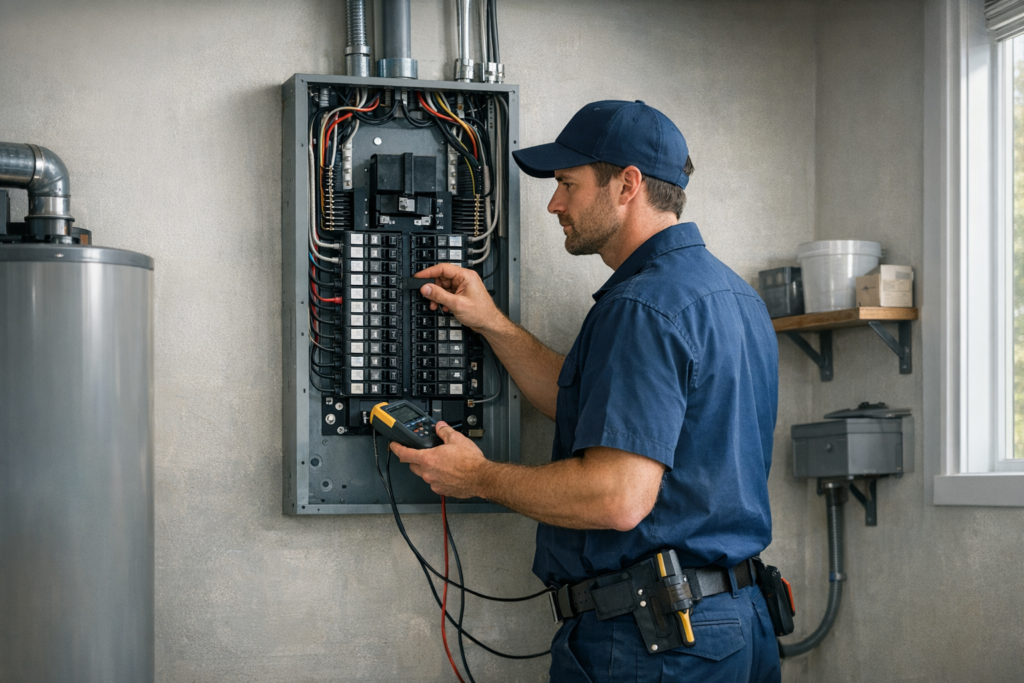 Electrician reviewing electrical code updates at a residential panel