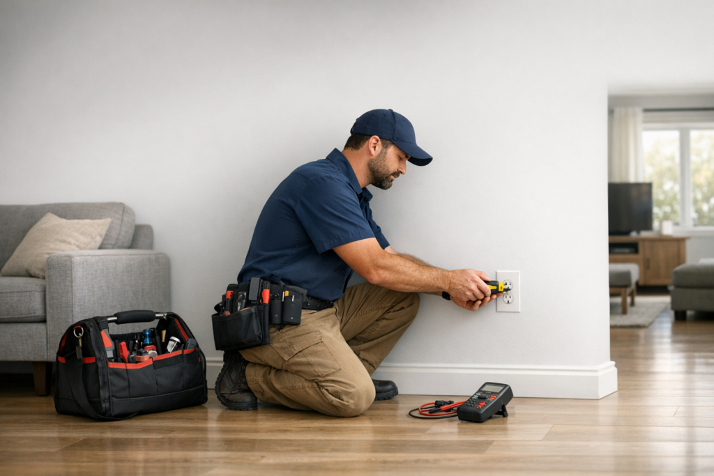 Electrician troubleshooting an electrical outlet not working in a home
