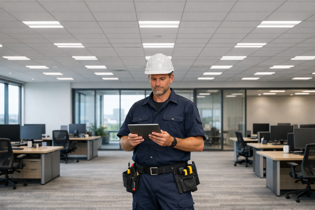 Electrician reviewing office lighting solutions in a modern workspace