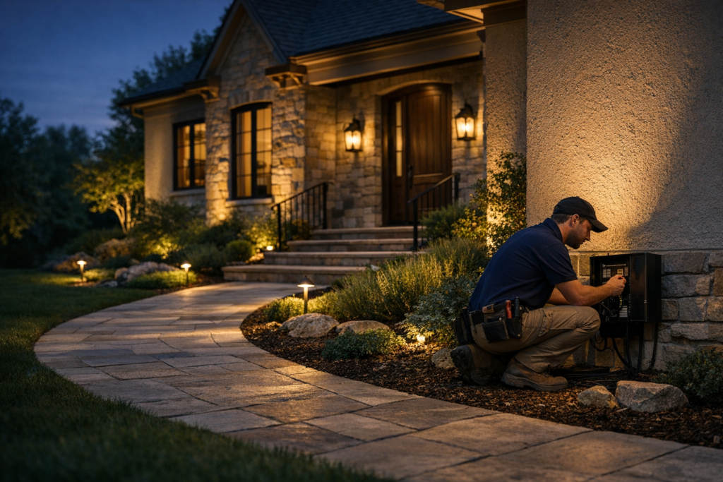 Professional outdoor lighting installation along a safe residential walkway