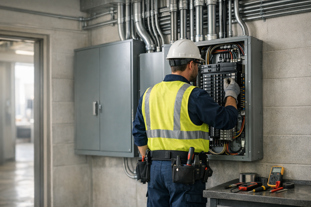 Electrician providing electrical maintenance services in a commercial electrical room