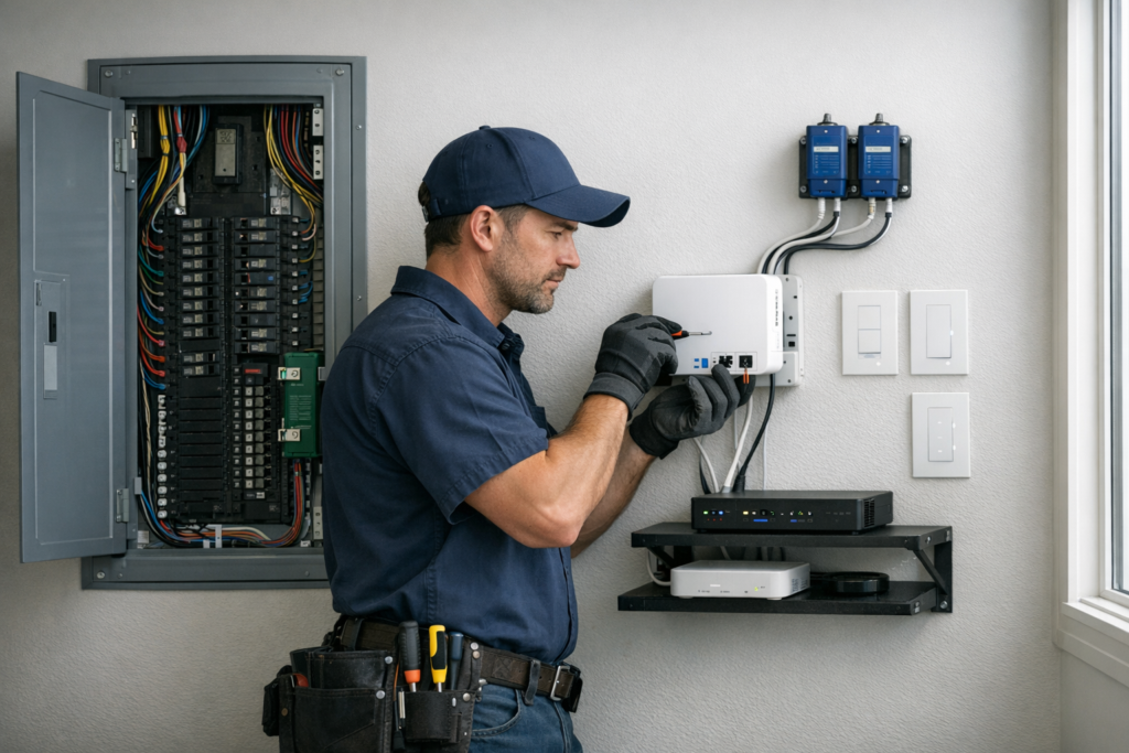 Electrician completing smart home electrical installation in a modern residence
