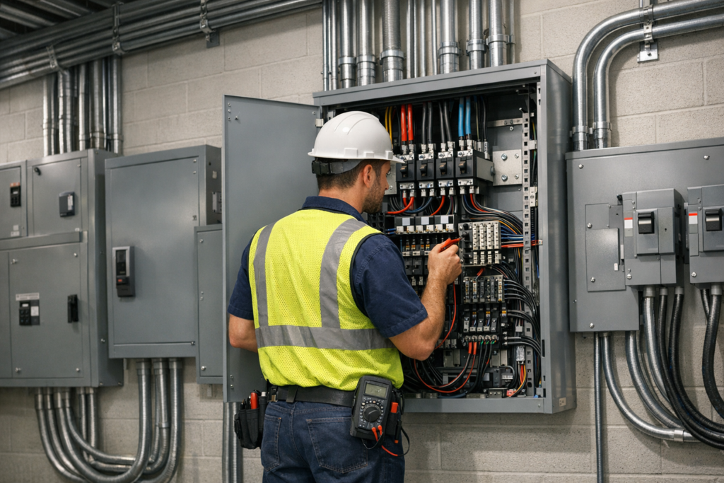 Electrician inspecting three phase electrical service panel in commercial building