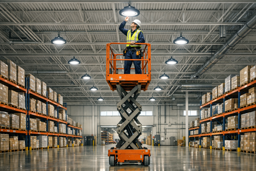 Electrician inspecting warehouse LED lighting above organized storage aisles