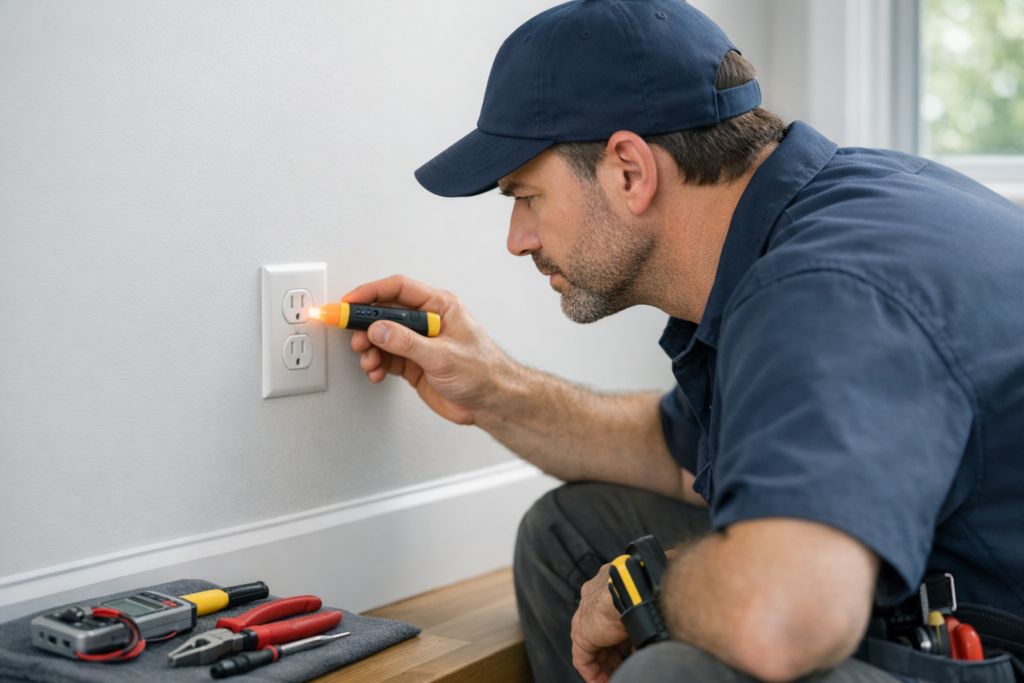Electrician inspecting a warm electrical outlet in a home