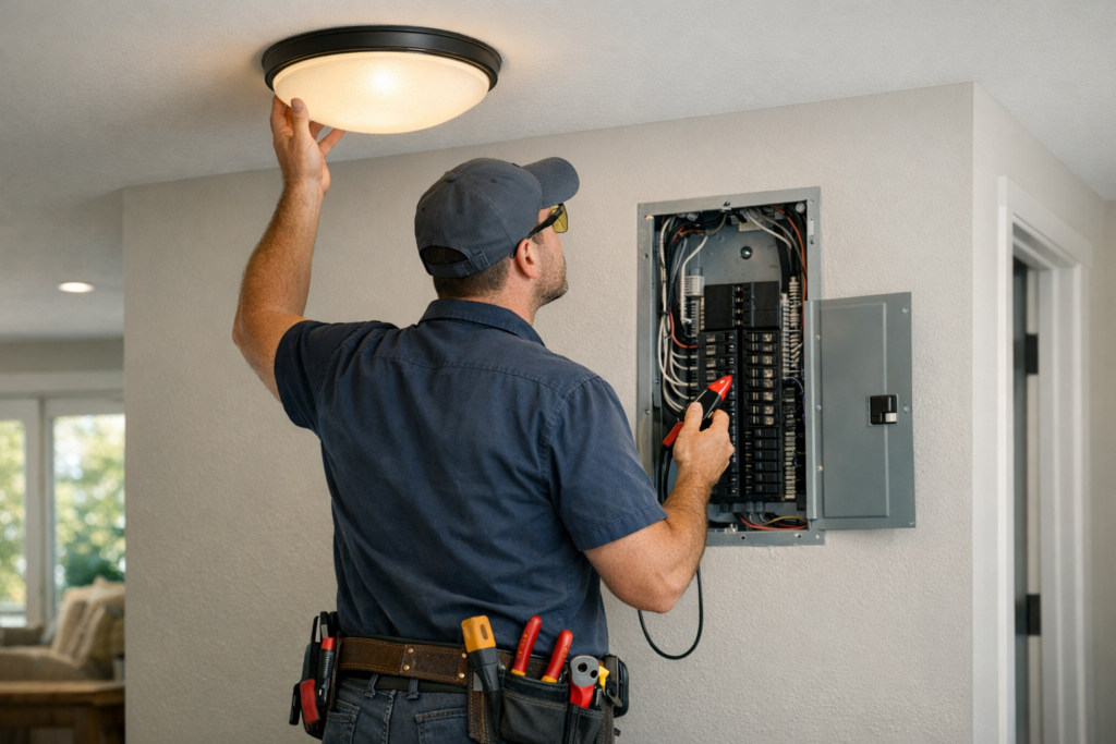 Electrician investigating flickering lights near a residential electrical panel