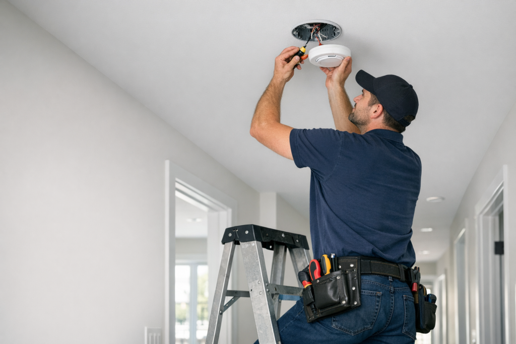 Electrician performing professional smoke detector installation in a home