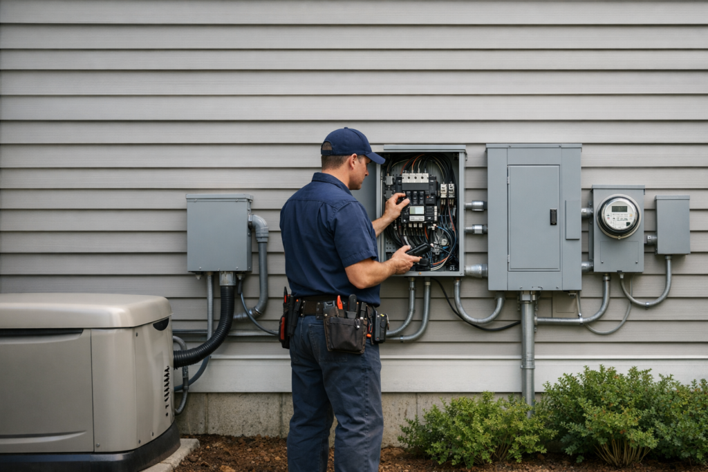 Electrician inspecting an automatic transfer switch beside electrical equipment