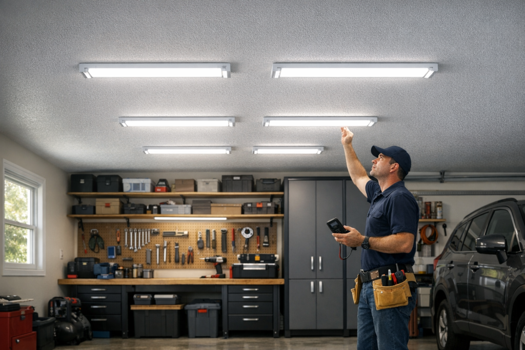 Professional garage LED lighting installed above an organized workshop