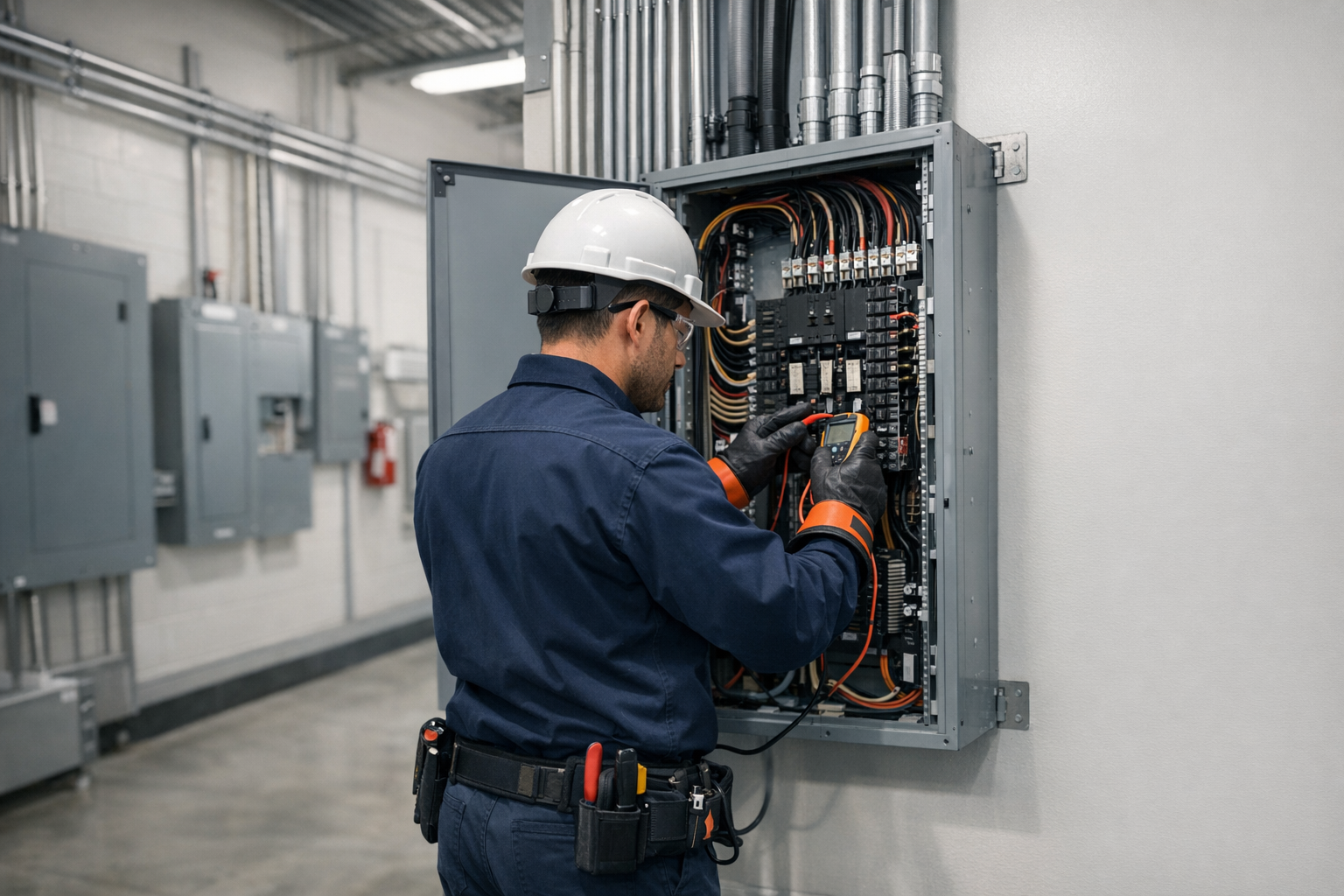 Electrician performing commercial electrical maintenance in a building electrical room