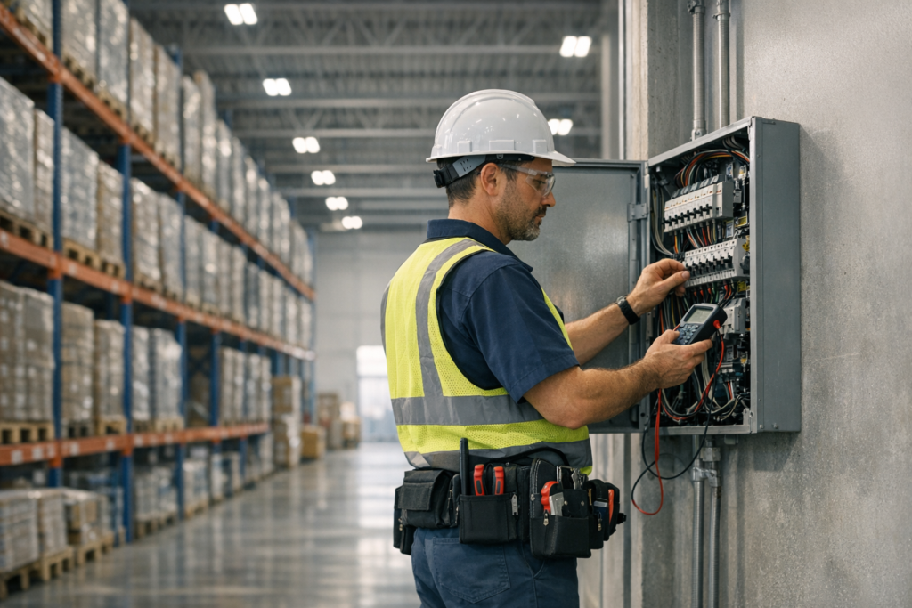 Electrician providing warehouse electrical services in a commercial facility