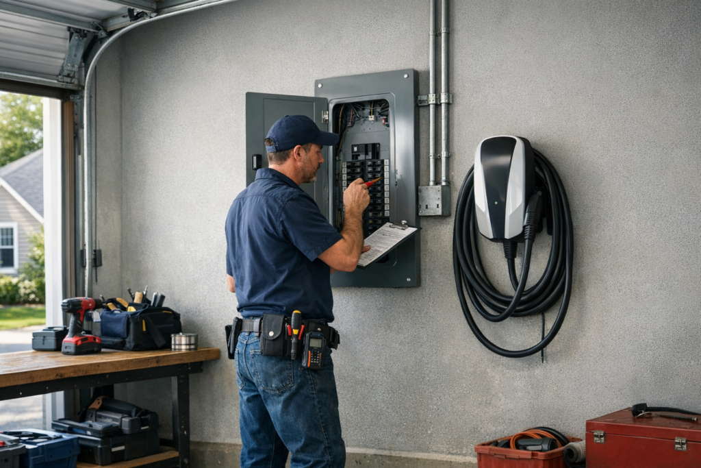Electrician checking electrical panel for EV charger installation