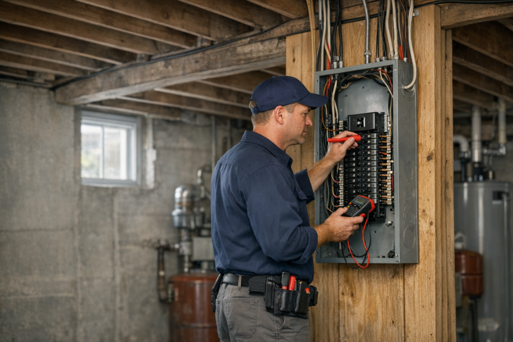 Electrician performing electrical upgrades for older homes at a panel