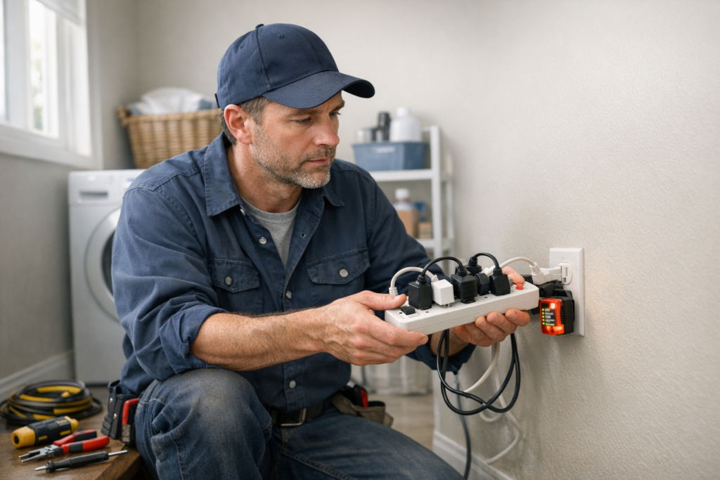 Electrician inspecting overloaded cord for extension cord safety