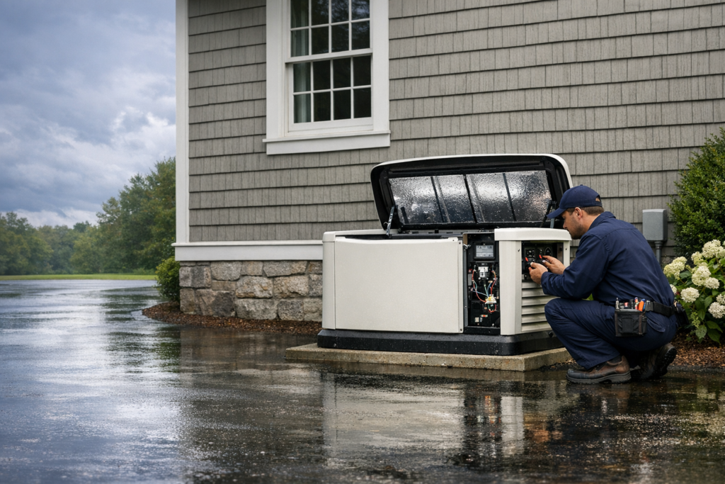 Electrician performing generator maintenance checklist before storm season