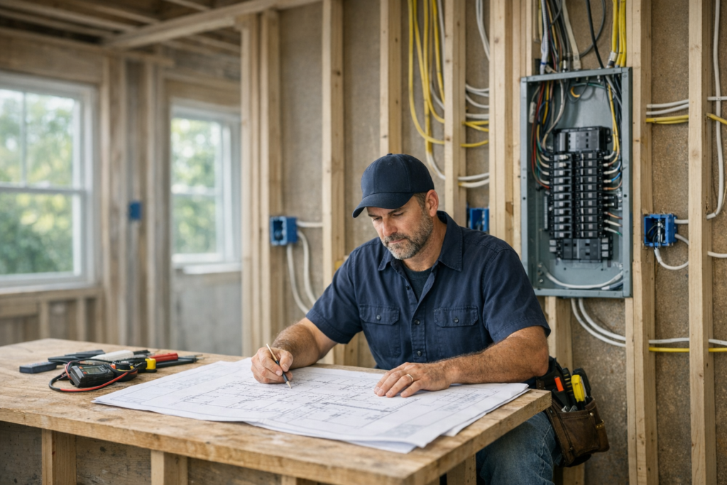 Electrician reviewing home renovation electrical planning near an open service panel