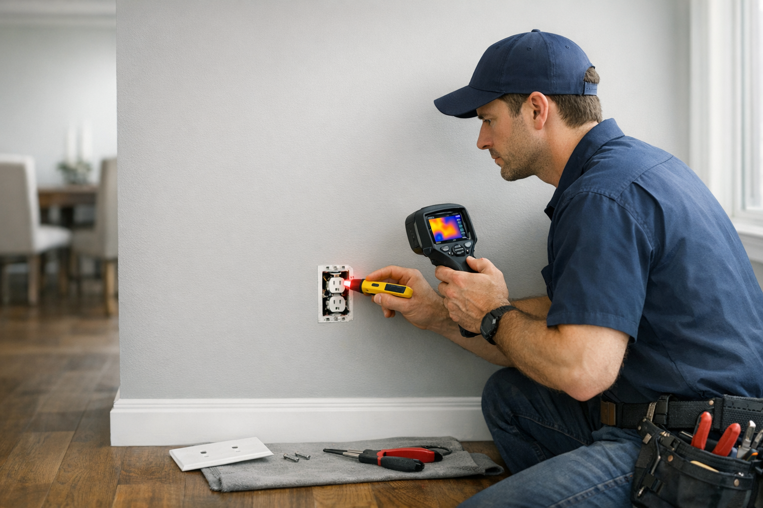 Electrician inspecting a hot electrical outlet in a home