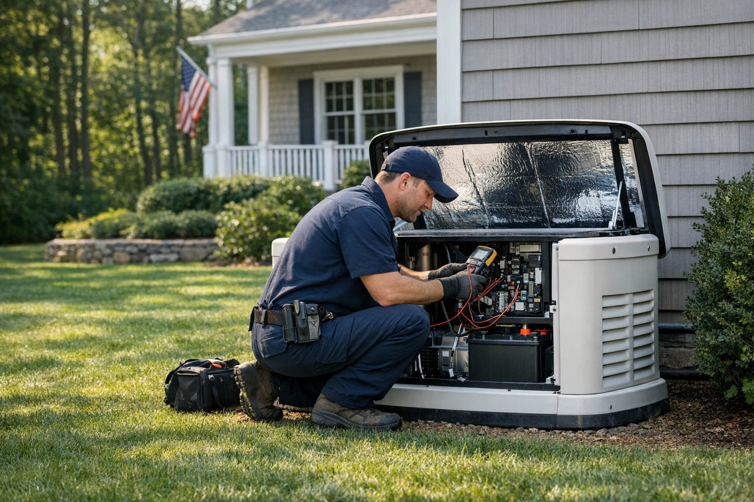 Electrician performing standby generator maintenance outside a home