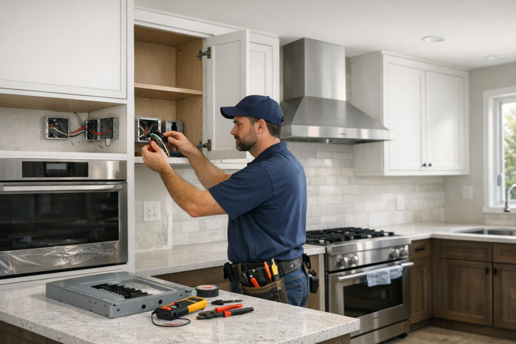 Electrician planning kitchen remodel electrical wiring in a renovated home