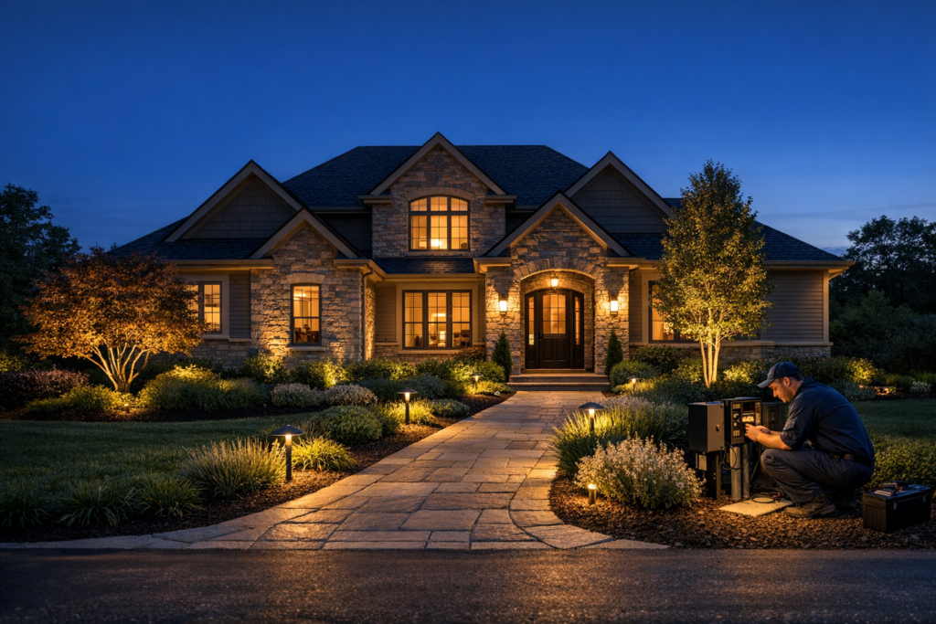 Landscape lighting installation illuminating a front walkway and home exterior