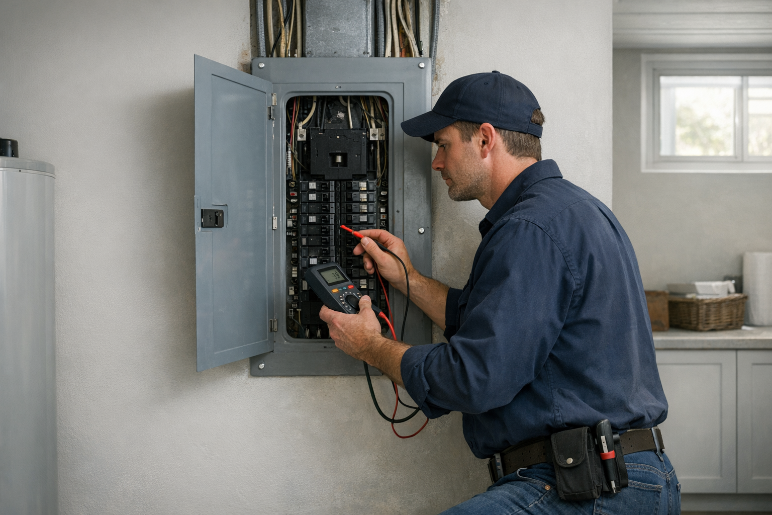 Electrician inspecting an outdated electrical panel in a home