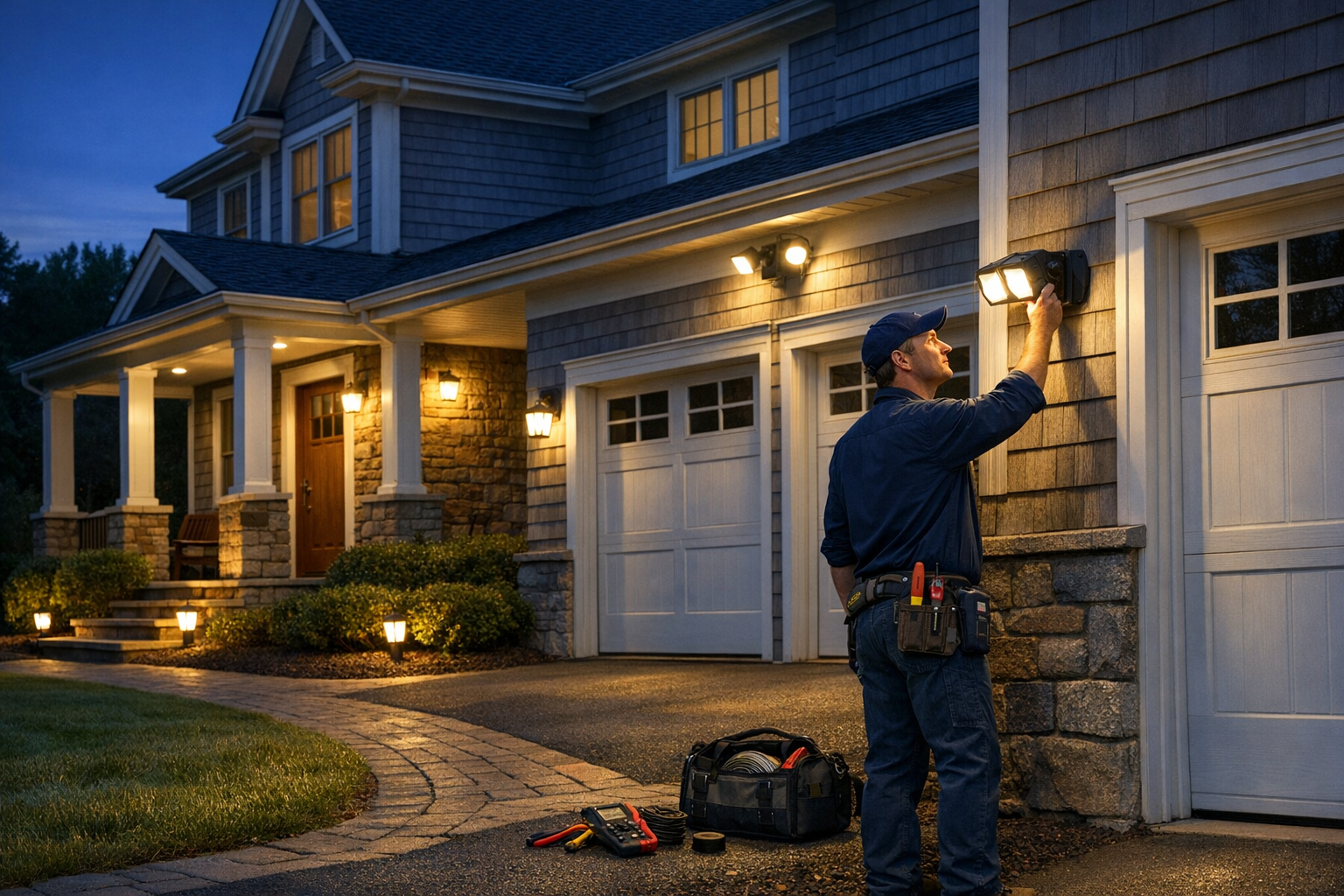 Outdoor security lighting installed around a residential home entrance