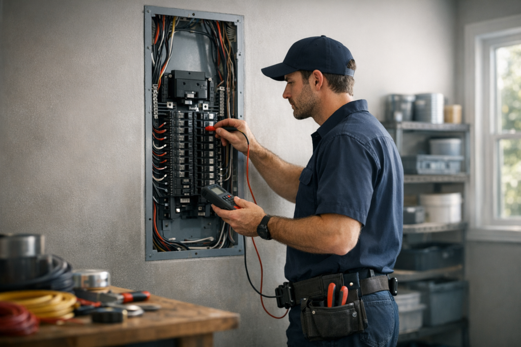 Electrician inspecting a panel for overloaded electrical circuits