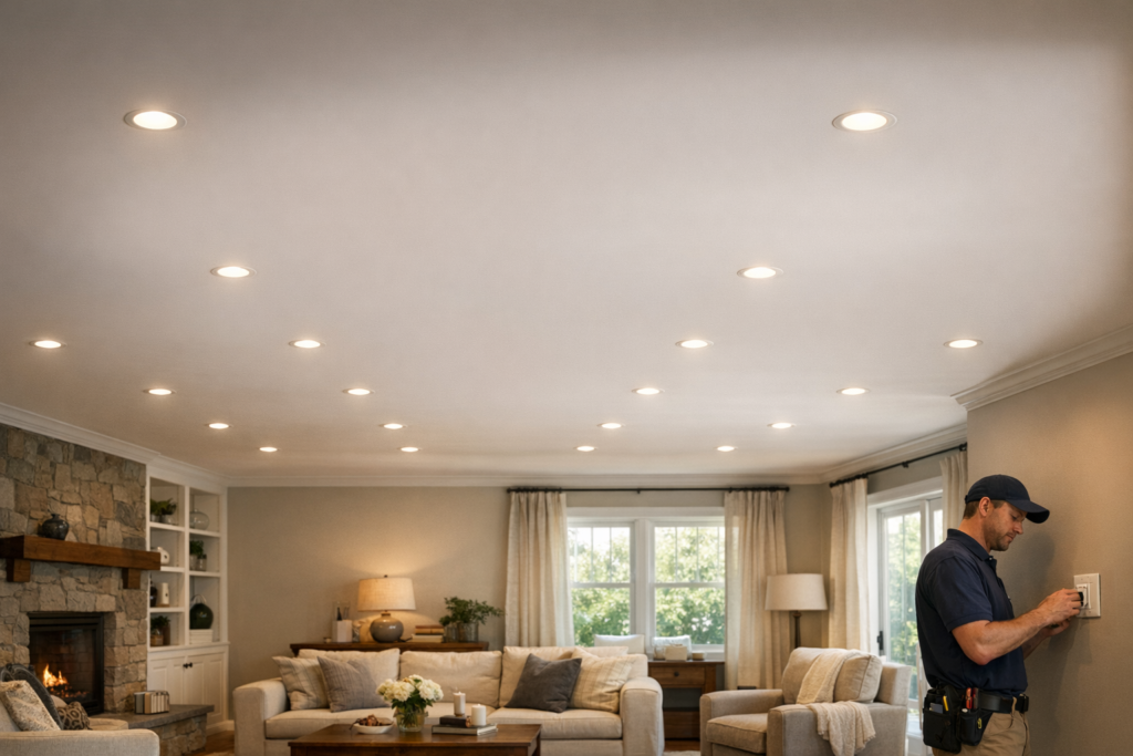 Modern living room showcasing recessed lighting ideas and warm ceiling illumination