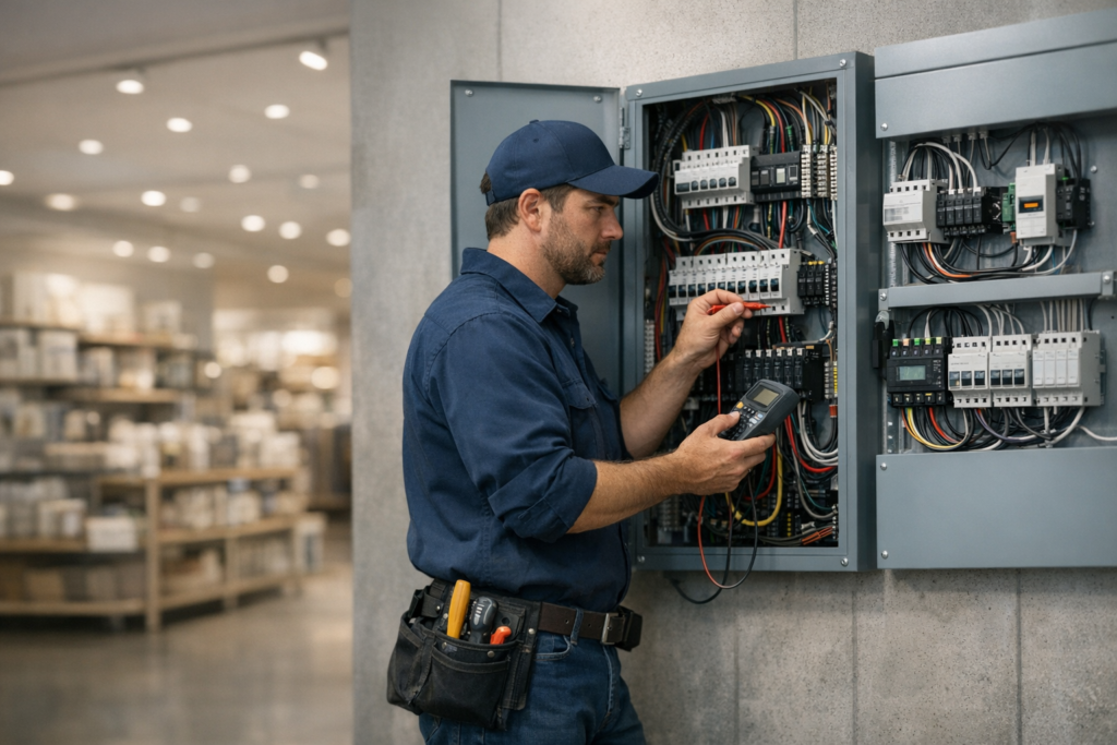 Electrician completing retail electrical upgrades in a modern store