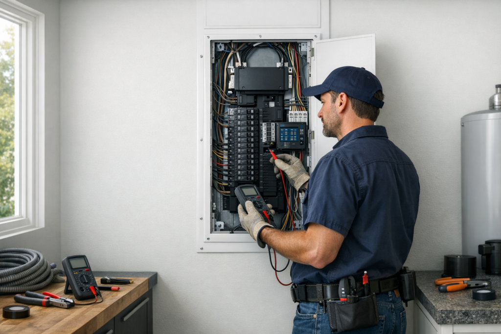 Electrician inspecting a smart electrical panel in a modern utility room