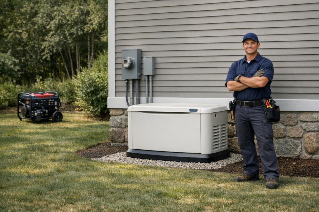 Electrician comparing standby generator vs portable generator installation options