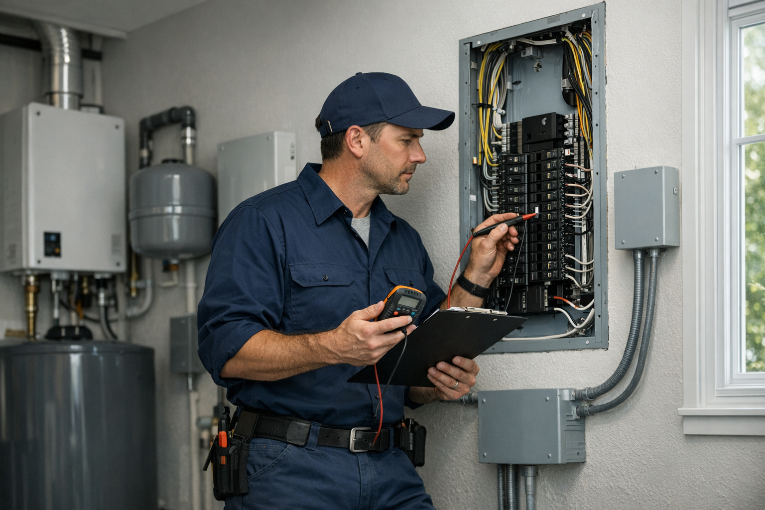 Electrician performing a residential electrical inspection at a home panel