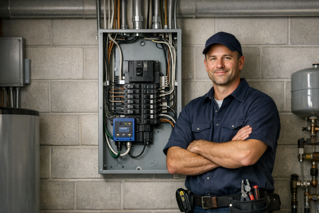 Electrician installing whole home surge protection at an electrical panel