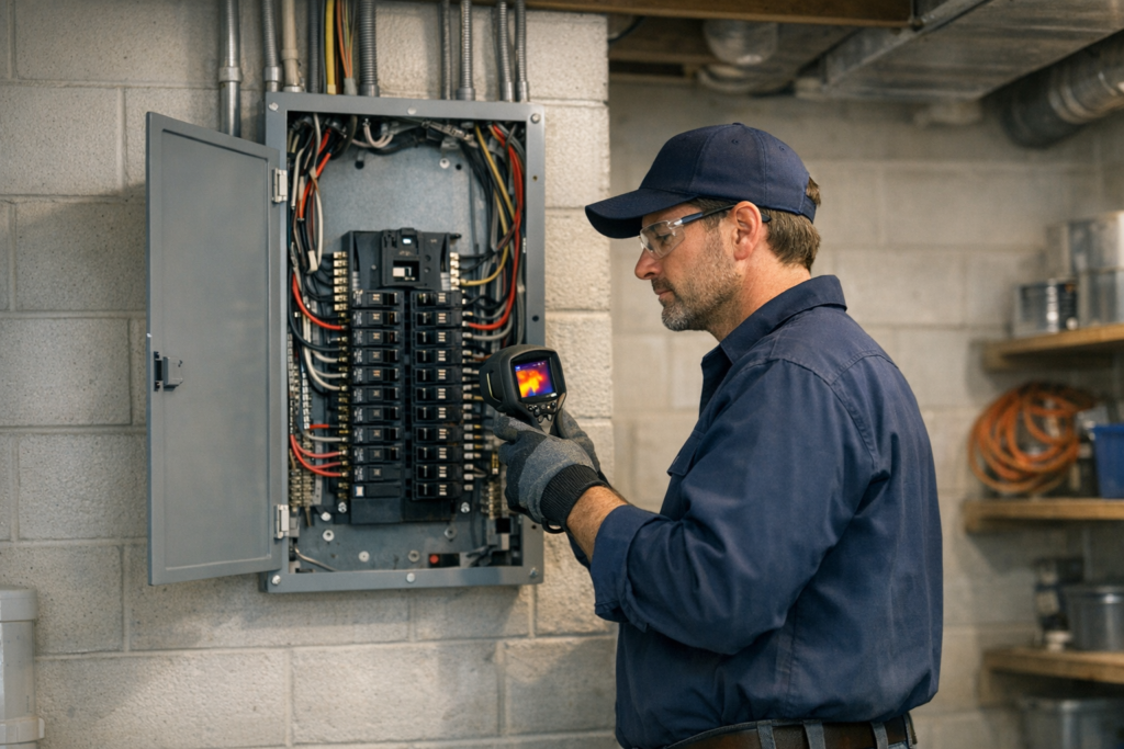 Electrician investigating a burning electrical smell near a service panel