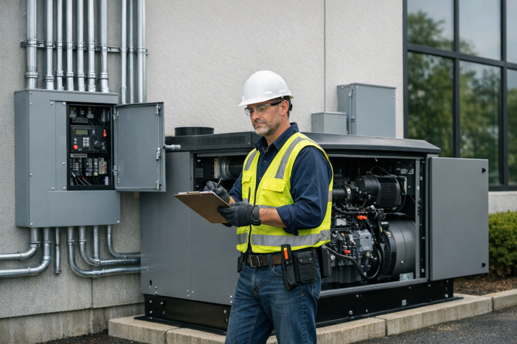 Electrician inspecting generator for business backup power planning